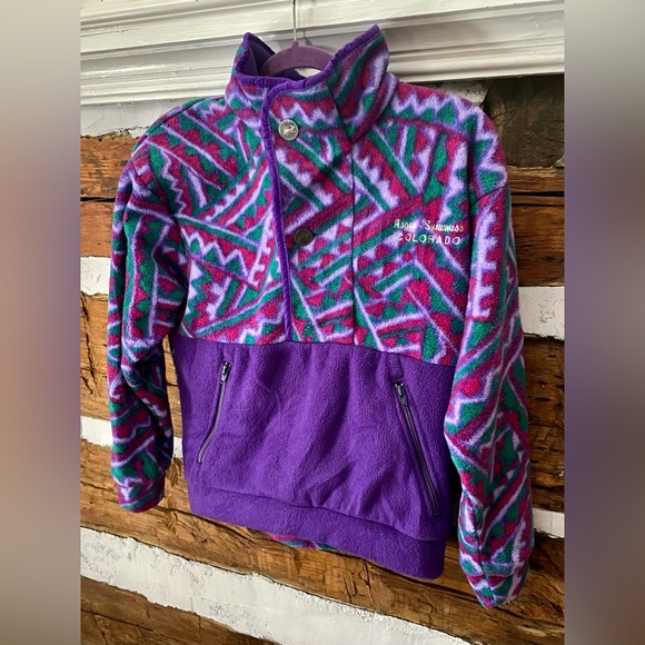 Vintage Sweaters - VINTAGE “JOLLY” Aspen, Colorado funky Aztec purple fleece sweater size small
